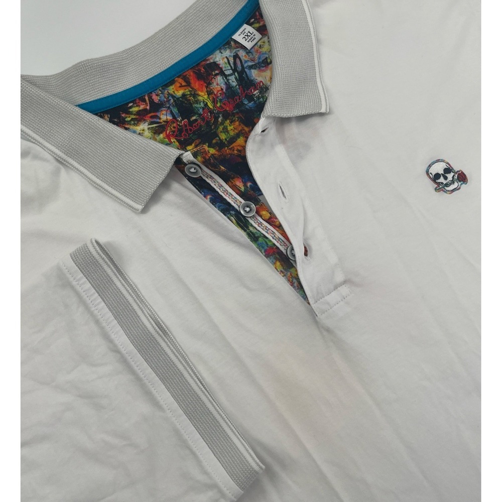 Robert Graham Golf Casual Polo Shirt White Skull Rose Embroidered Trim 2XL